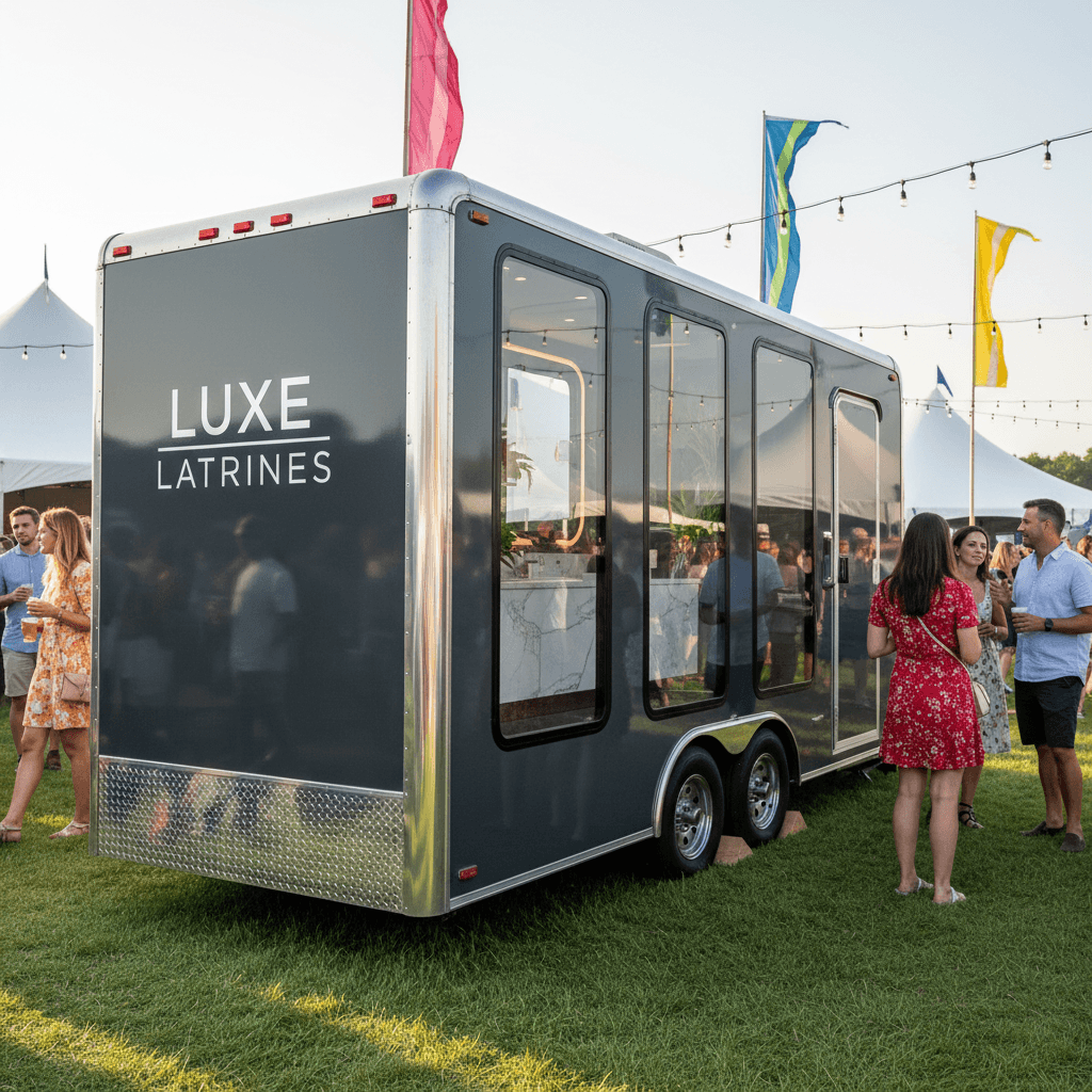 Luxury restroom trailer at a vibrant outdoor event, seamlessly integrated into the lively scene.