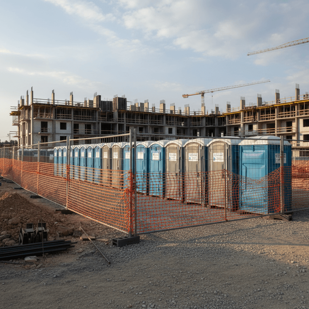 Temporary fencing and portable toilets on a job site