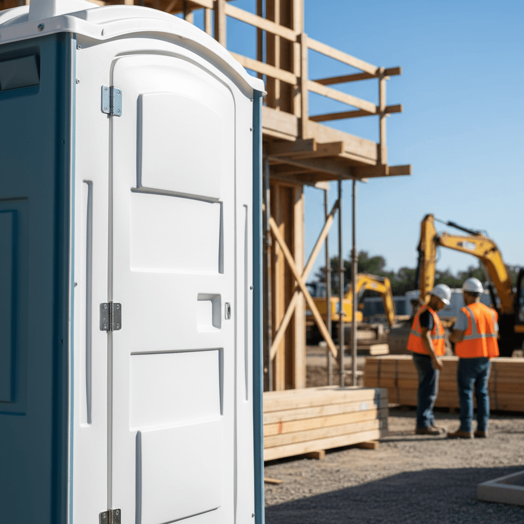 portable restroom units lined up on grassy field near construction site