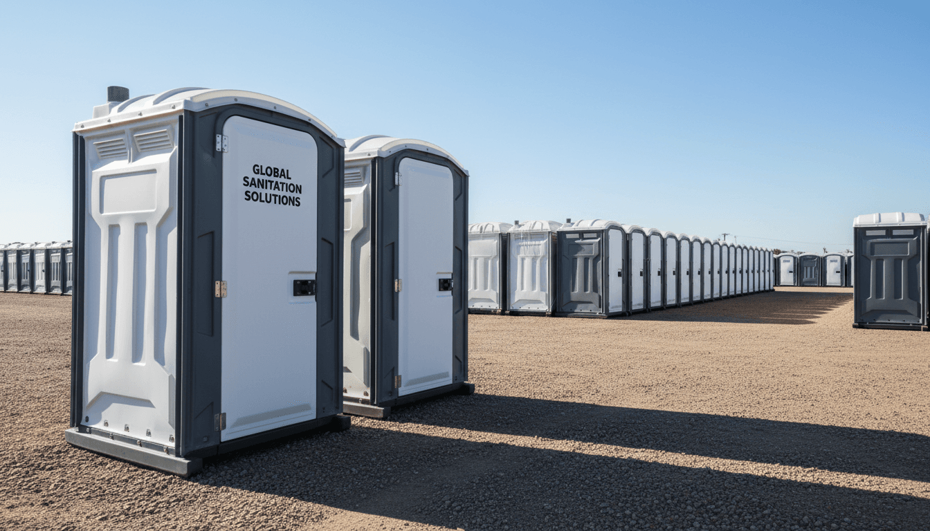 Customer service representative on phone helping client with portable toilet rental in bright modern office