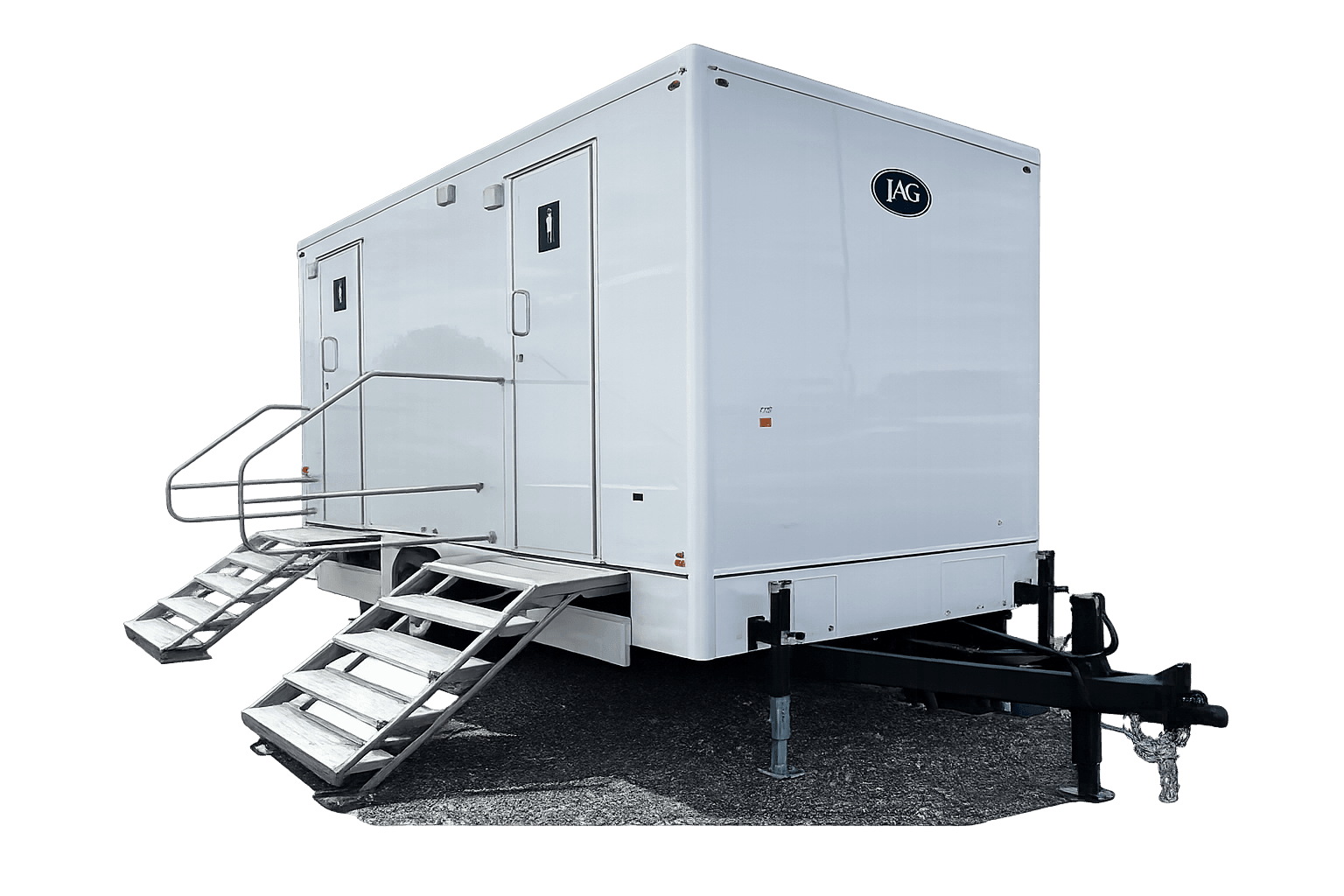 White JAG portable restroom trailer with two doors and metal stairs on a gravel surface.