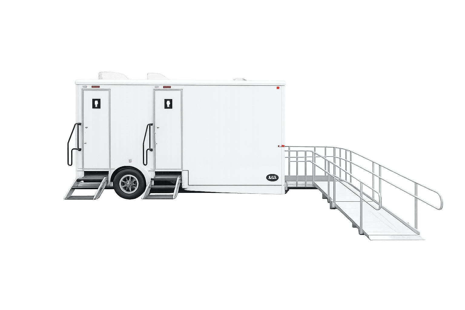 White portable restroom trailer featuring two separate entrances and a long, accessible wheelchair ramp.