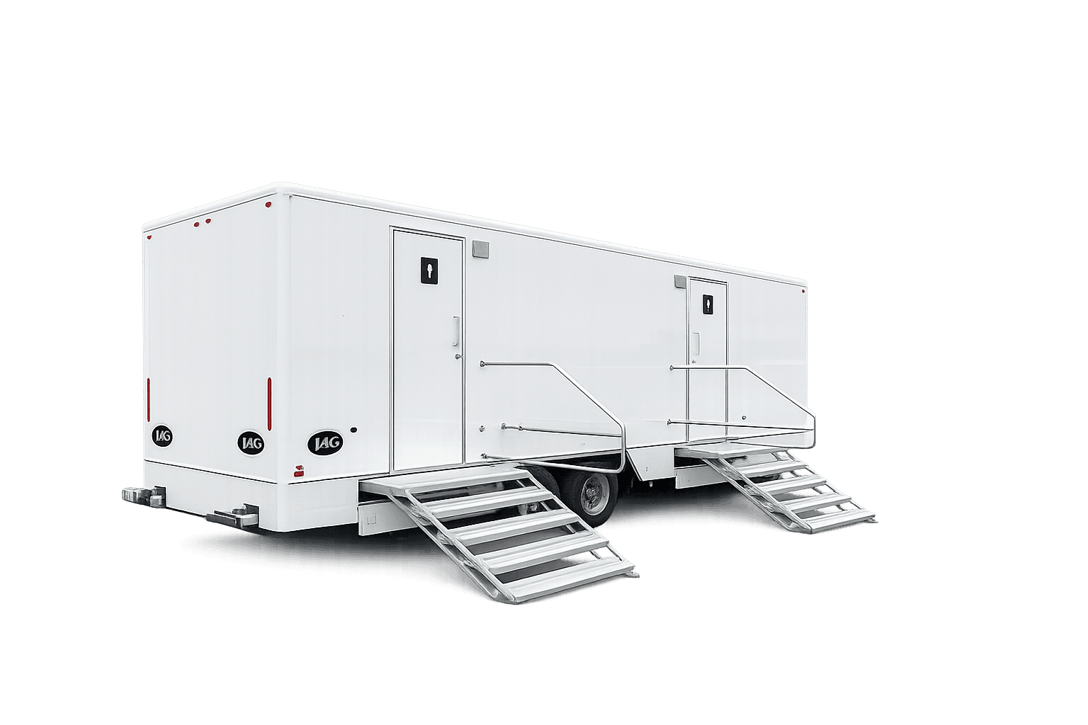 Large white mobile restroom trailer with two separate entrances and metal stairs on white background.
