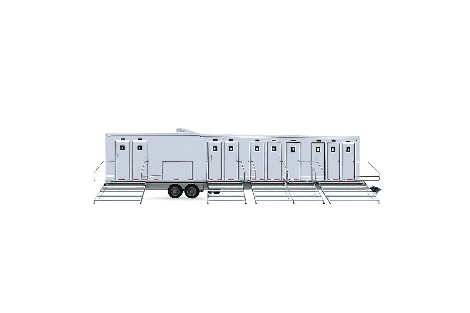 Large white portable restroom trailer with ten doors and four sets of metal access stairs.