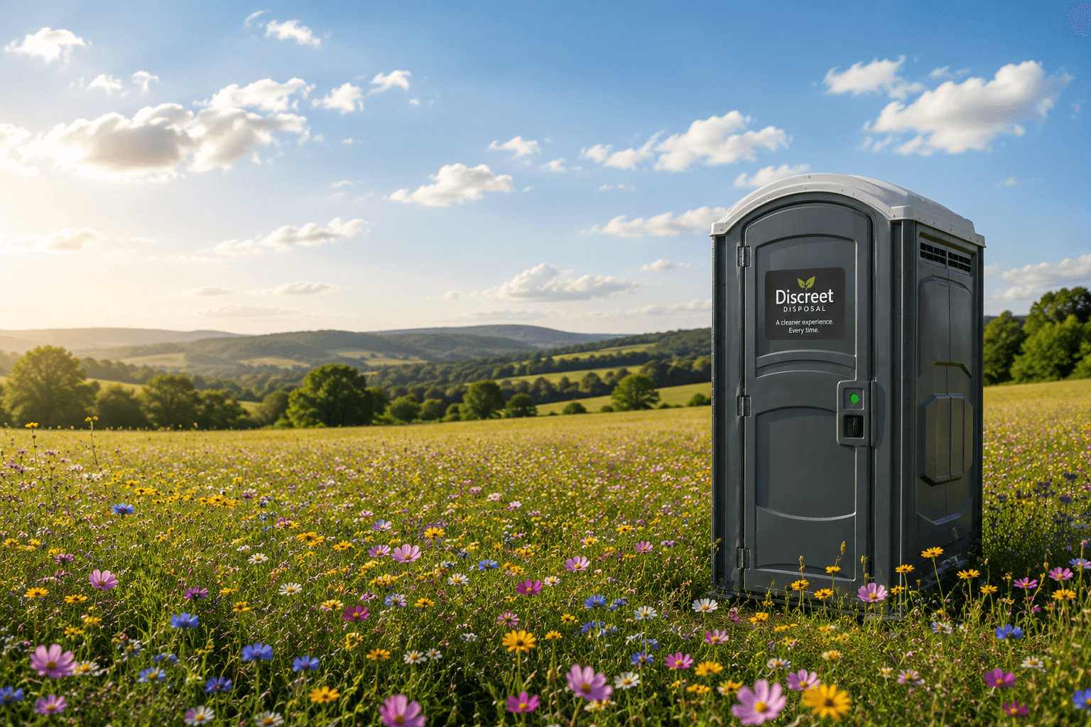 Discreet Disposal portable toilet in a vibrant wildflower meadow with rolling hills and sunny sky.