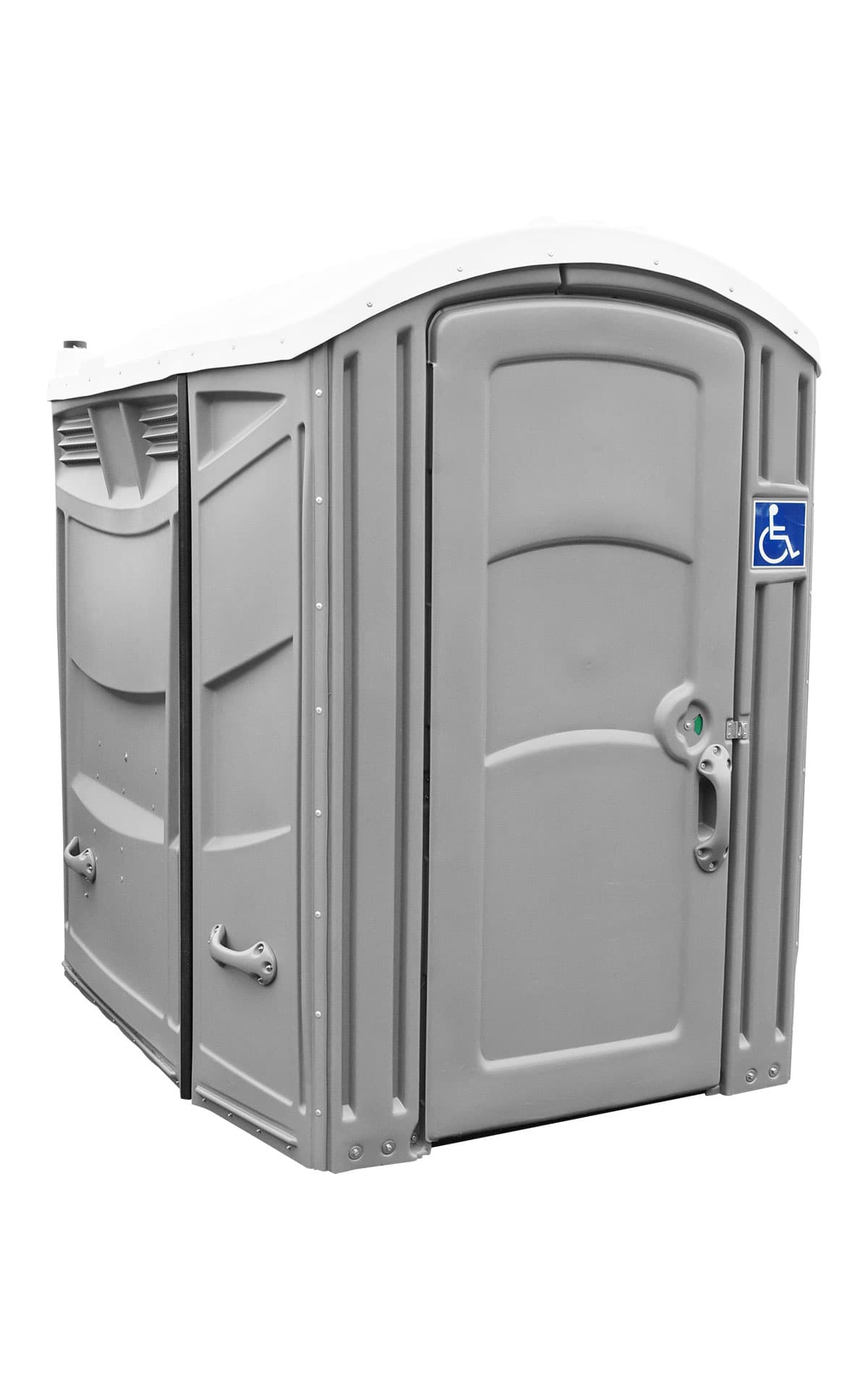Grey wheelchair-accessible portable toilet with a white roof and a blue handicap symbol.