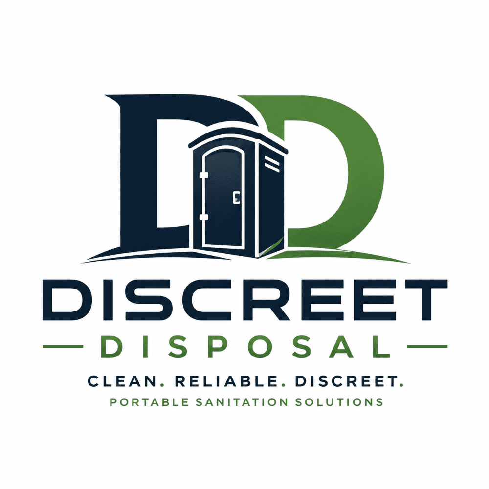 Discreet Disposal logo featuring a portable toilet icon between large navy and green letters.