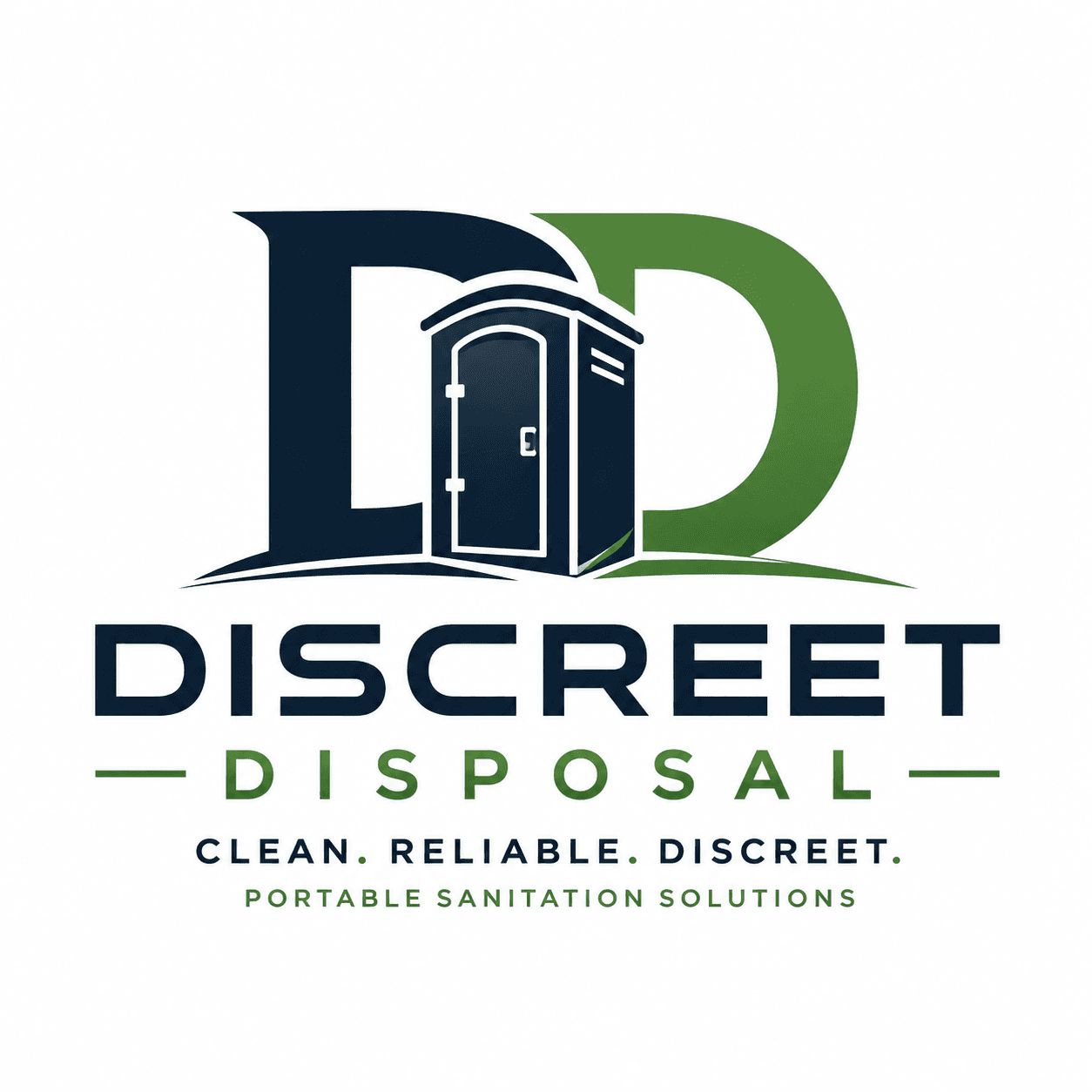 Discreet Disposal logo featuring a portable toilet icon between large navy and green D letters.