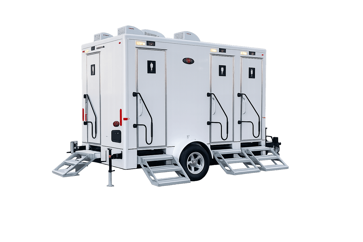White portable restroom trailer with four separate doors, each featuring individual stairs and handrails.