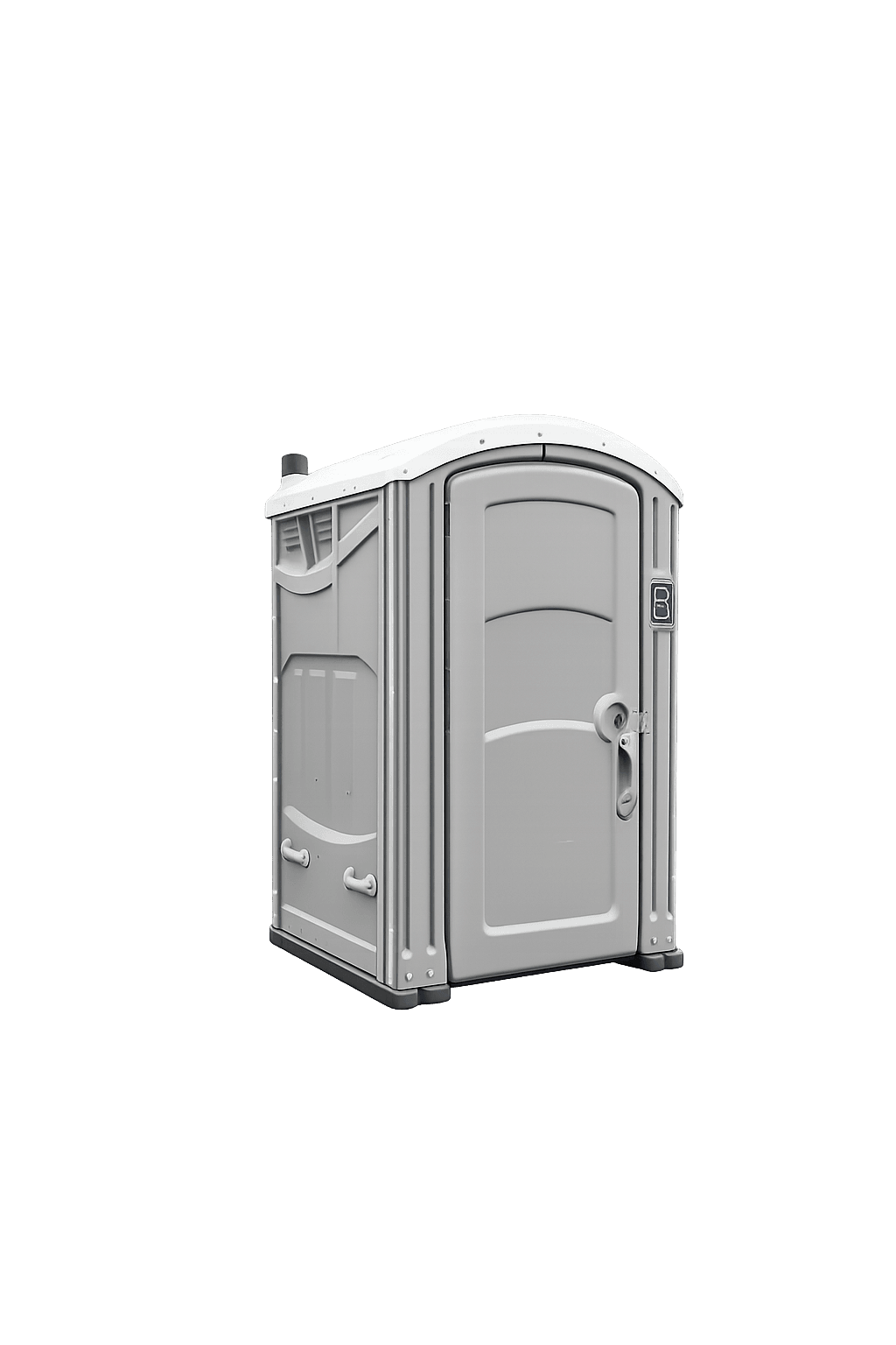 Light gray portable toilet with a white roof and single door on white background.