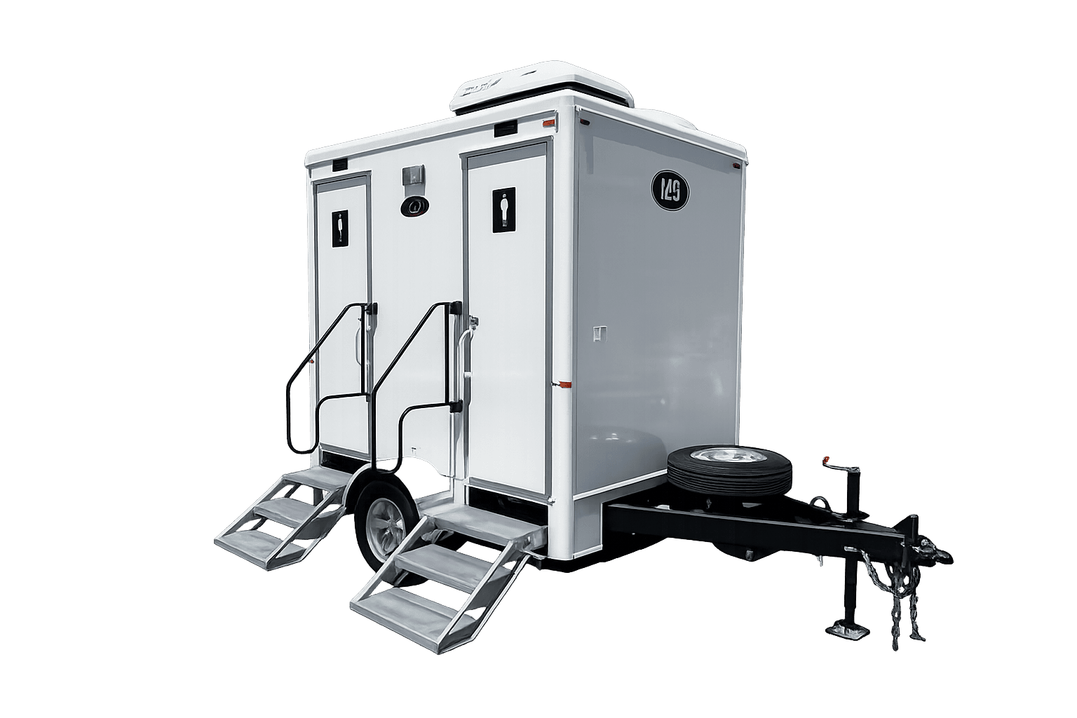 White portable restroom trailer with two doors, metal stairs, and black handrails on a hitch.