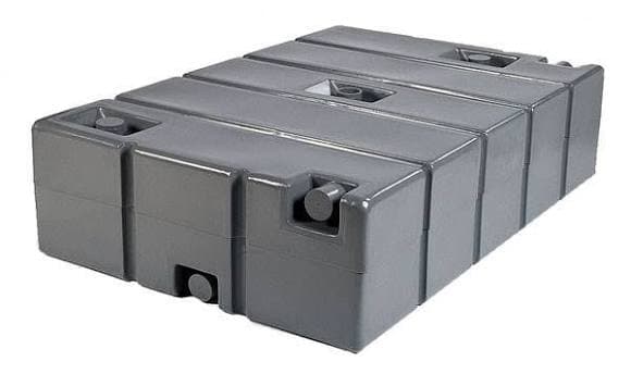 Rectangular grey plastic storage tank featuring multiple circular ports and a segmented, heavy-duty exterior design.